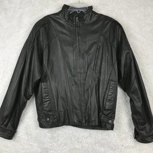 Chia Mens Jacket Leather Black Full Zip Pockets Motorcycle Long Sleeve Hip‎ L
